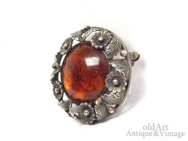 ヴィンテージデンマーク製アンバーブローチ 存在感あるフローラルデザイン