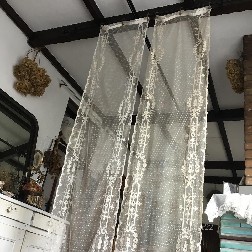 2枚1組) フランス アンティーク チュールレースカーテン 刺繍 エクリュ