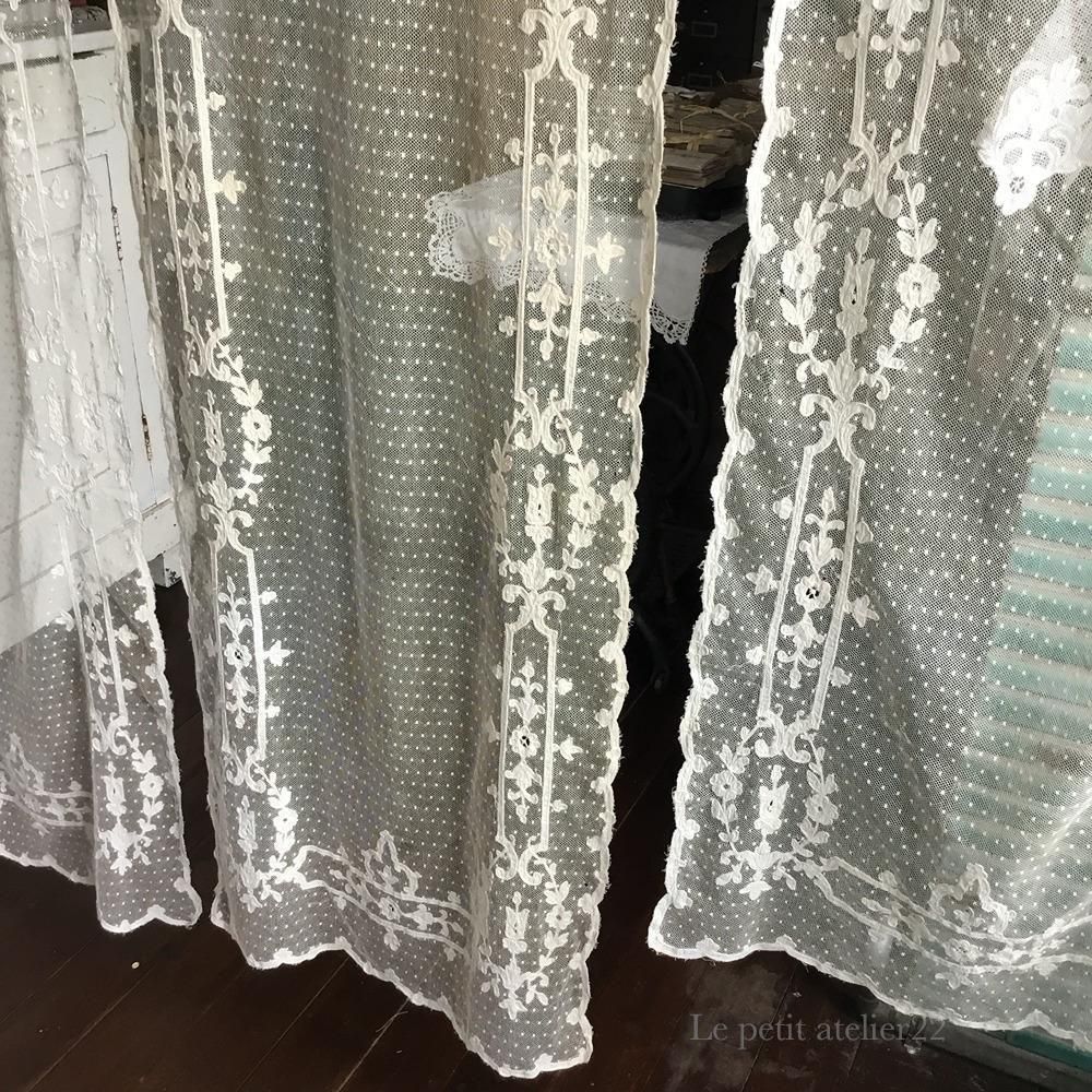 2枚1組) フランス アンティーク チュールレースカーテン 刺繍 エクリュ