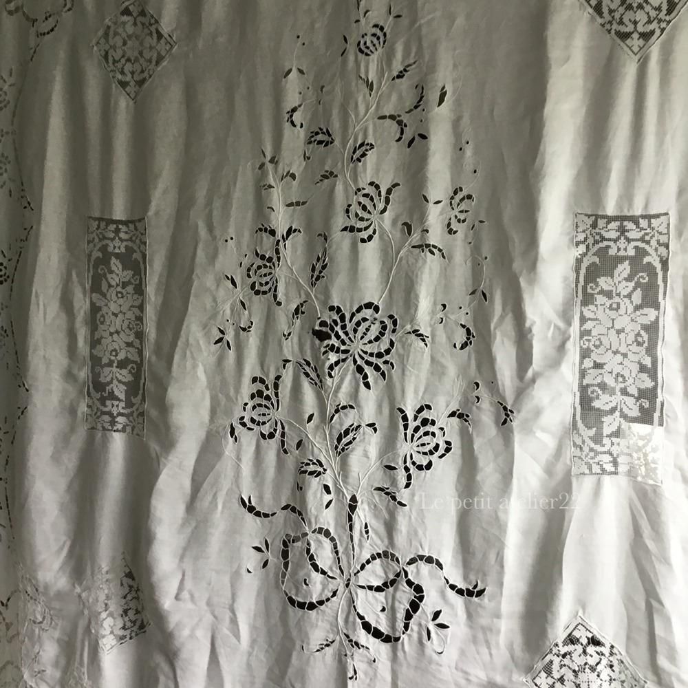特大) フランス アンティーク リネン カットワーク リシュリュー刺繍