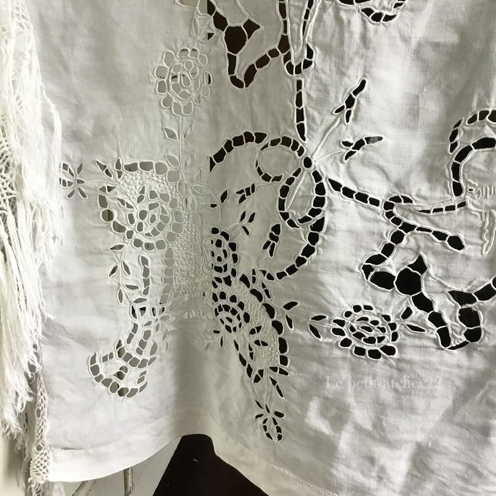 特大) フランス アンティーク リネン カットワーク リシュリュー刺繍