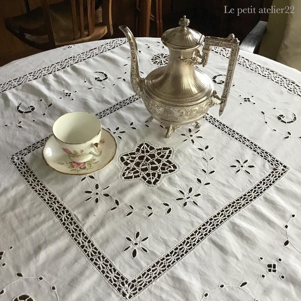 ほぼ正方形) フランス アンティーク リネン テーブルクロス カット
