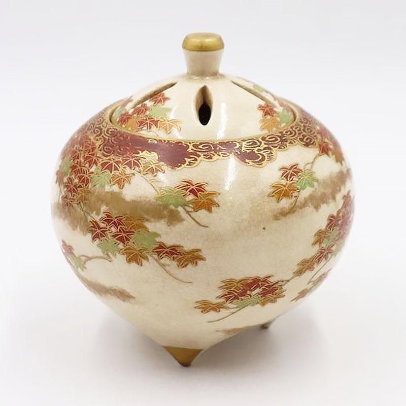 昭和初期薩摩焼香炉 四季花デザイン 箱付きアンティーク