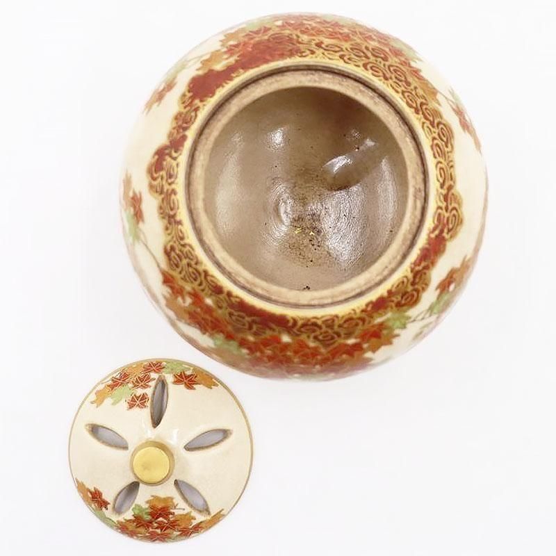 昭和初期薩摩焼香炉 四季花デザイン 箱付きアンティーク