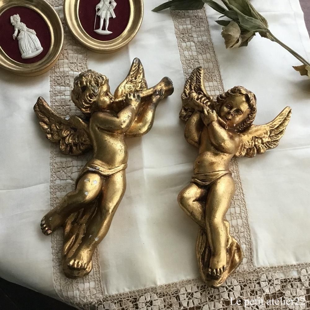 B) フランス アンティーク 壁飾り エンジェル 天使 壁掛け 石膏 25.5