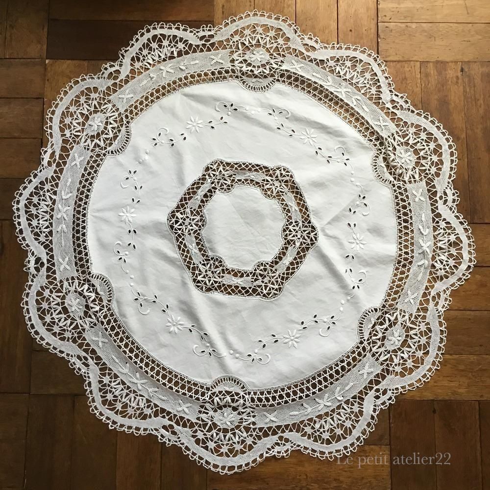 円形) フランス アンティーク リネン テーブルクロス ボビンレース
