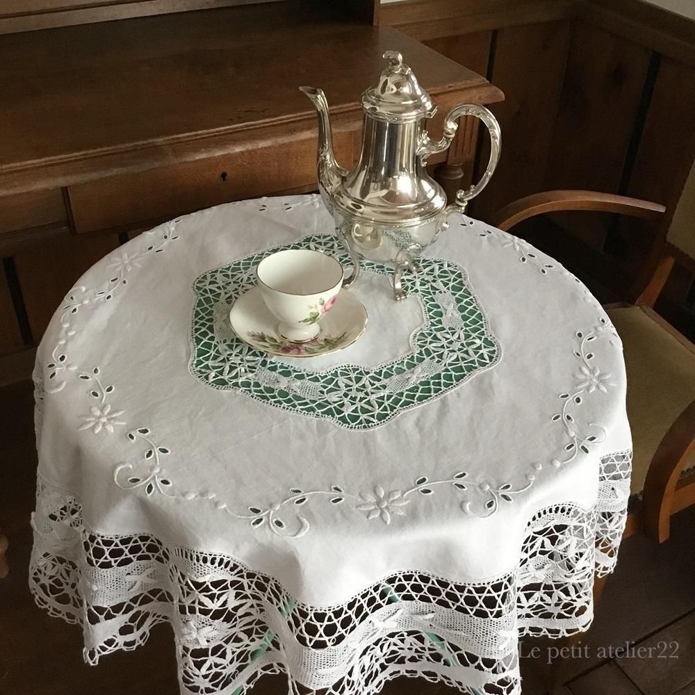 円形) フランス アンティーク リネン テーブルクロス ボビンレース