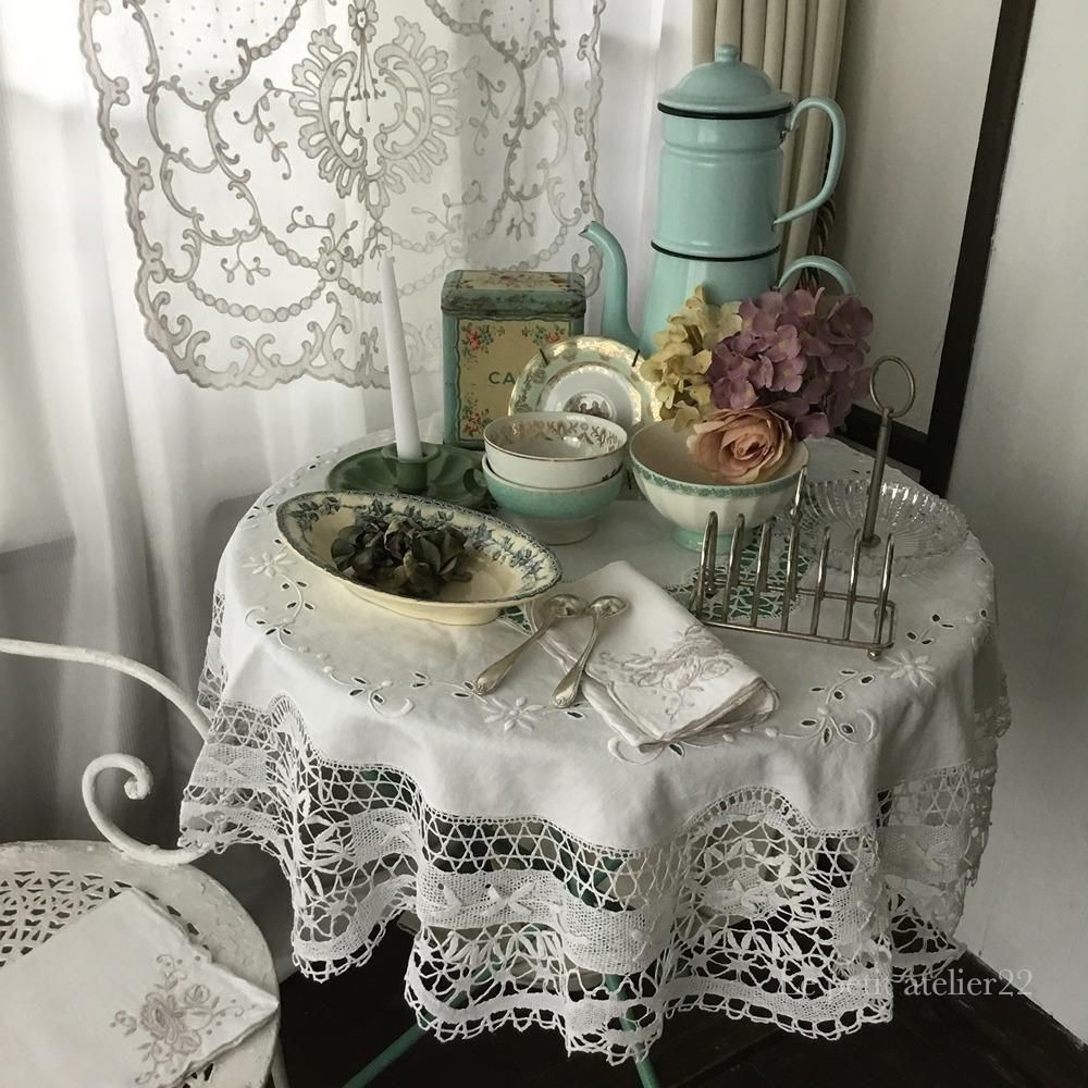 円形) フランス アンティーク リネン テーブルクロス ボビンレース
