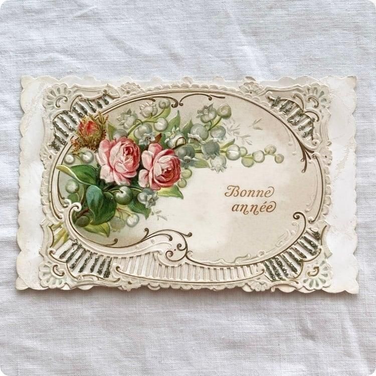 フランスアンティーク ポストカード | 薔薇とスズランの絵柄 Bonne