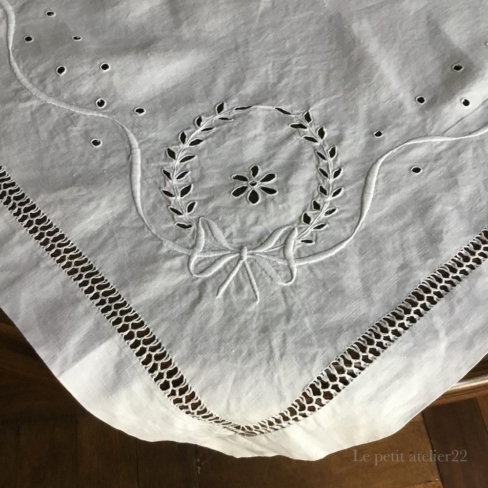 正方形) フランス アンティーク リネン テーブルクロス 白刺繍 カット