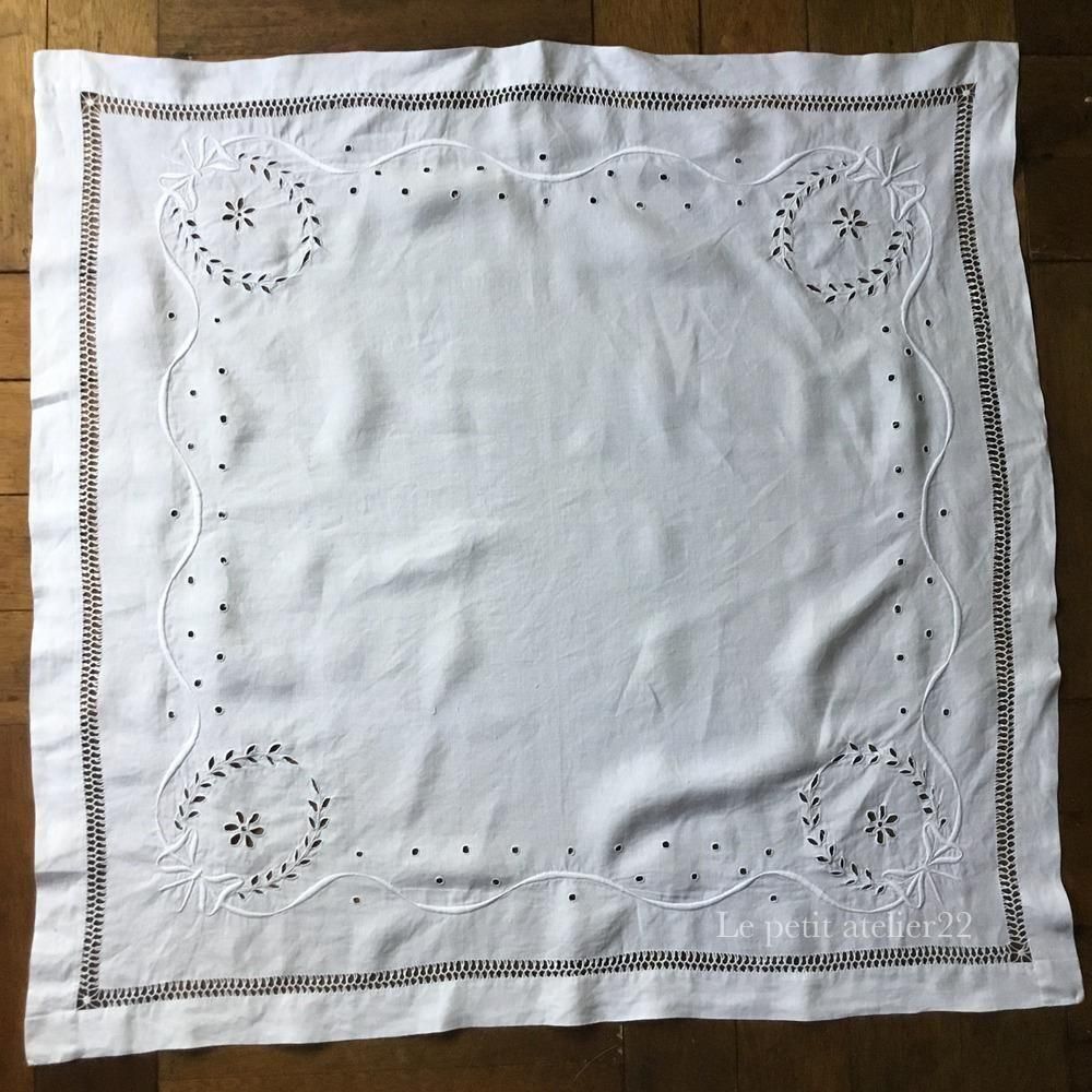 正方形) フランス アンティーク リネン テーブルクロス 白刺繍 カット