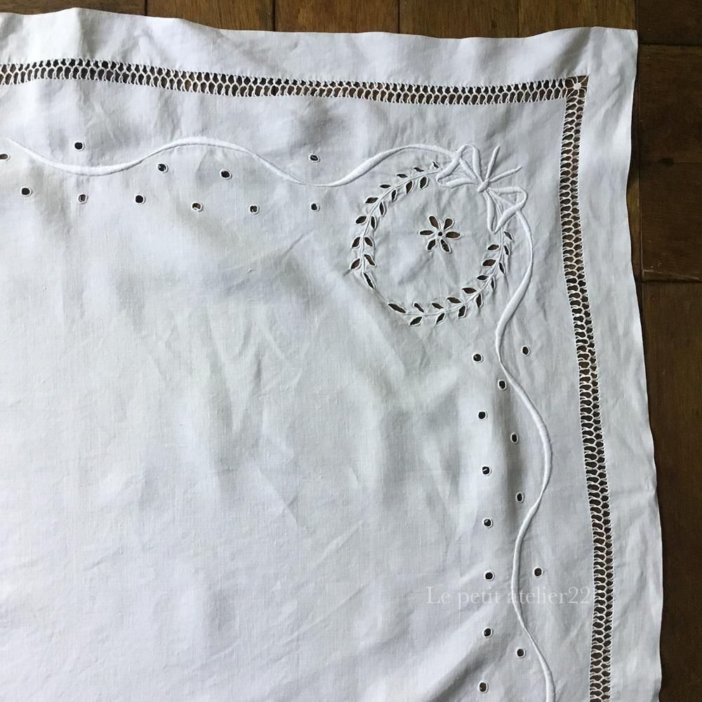 正方形) フランス アンティーク リネン テーブルクロス 白刺繍 カット