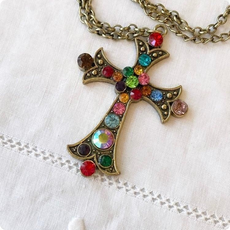 フランスヴィンテージ ネックレス ｜十字架 クロス カラフルストーン