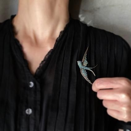 1950's Silver Glass Marcasite Swallow Brooch（1950年代 シルバー