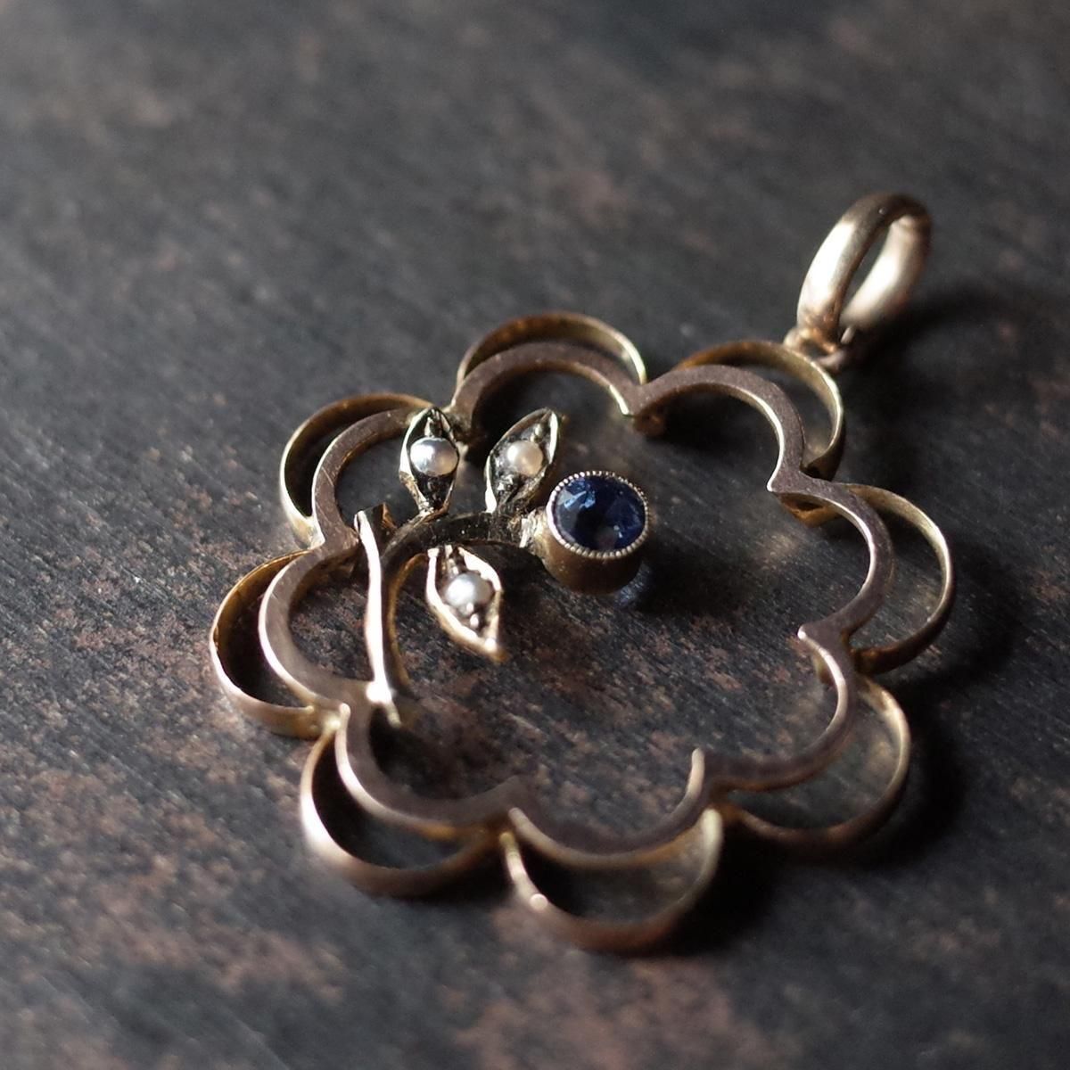 エドワーディアン 9K サファイア パール ペンダントトップ（Edwardian