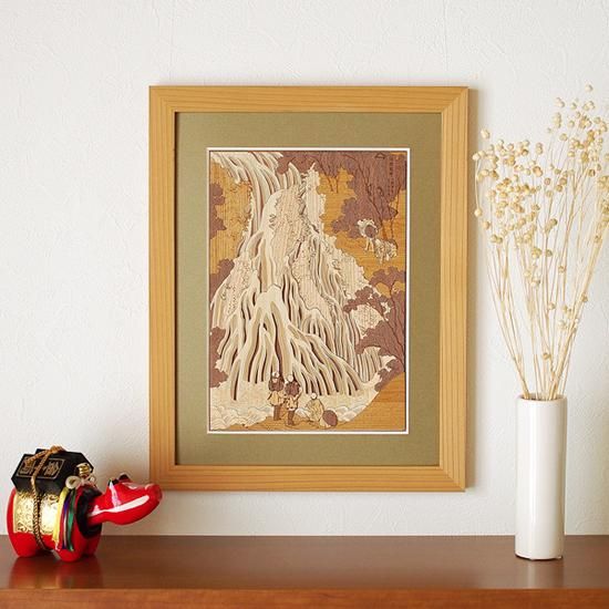 木はり絵アート「下野黒髪山きりふりの滝」 （額縁入り完成品）- 木製