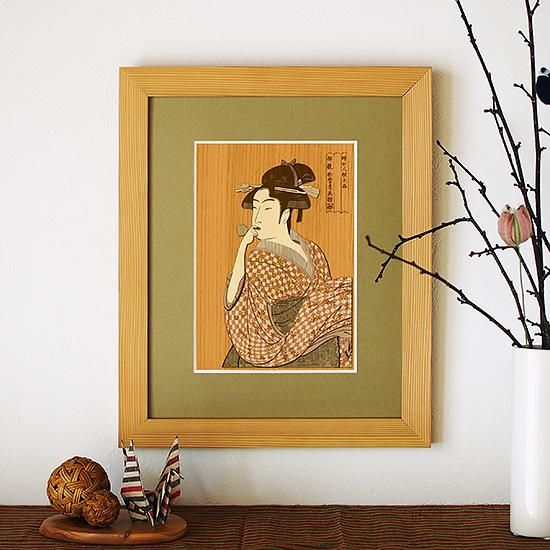 木はり絵アート「ポッペンを吹く娘」（額縁入り完成品） - 木製切り絵