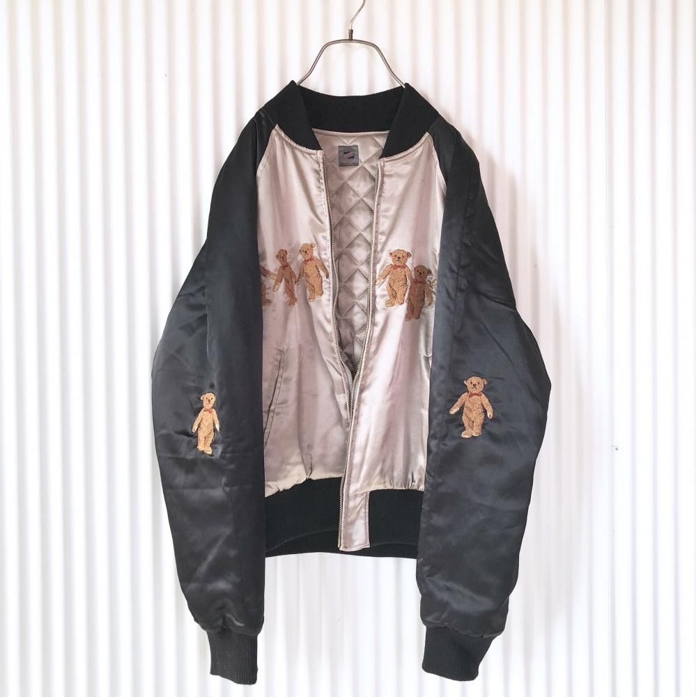 KANEKO ISAO テディベア刺繍サテンスカジャン-古着屋マッシュ