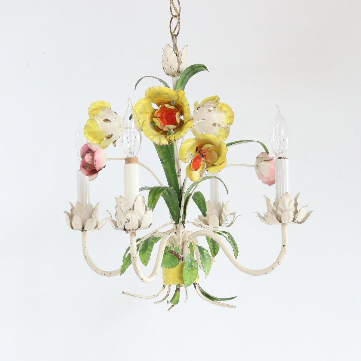 4灯 フラワーモチーフ トールシャンデリア ヴィンテージ 吊り下げ 照明