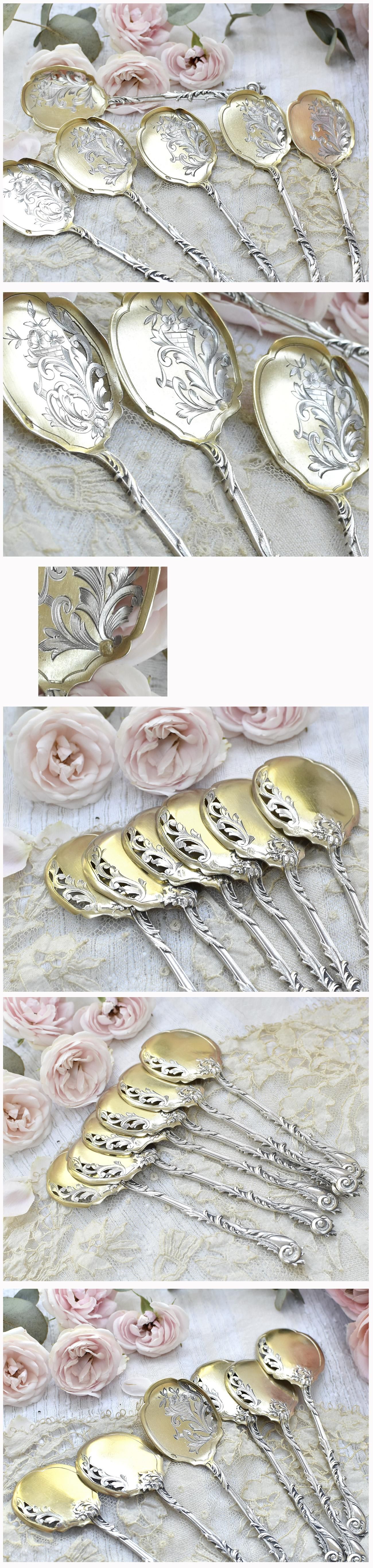 仏アンティーク銀器【銀950】アイスクリームスプーン 6本組