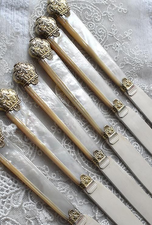 仏アンティークシルバー【銀950】白蝶貝 デザートナイフ◇カルディ