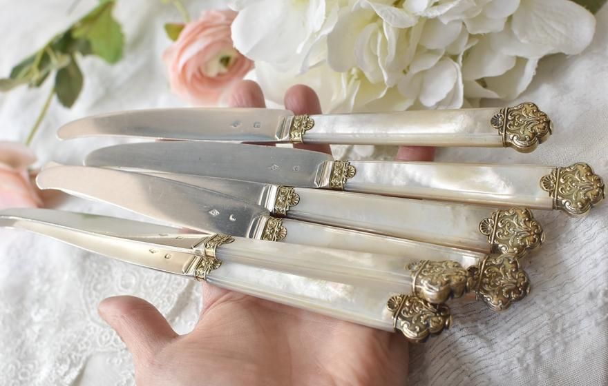 仏アンティークシルバー【銀950】白蝶貝 デザートナイフ◇カルディ