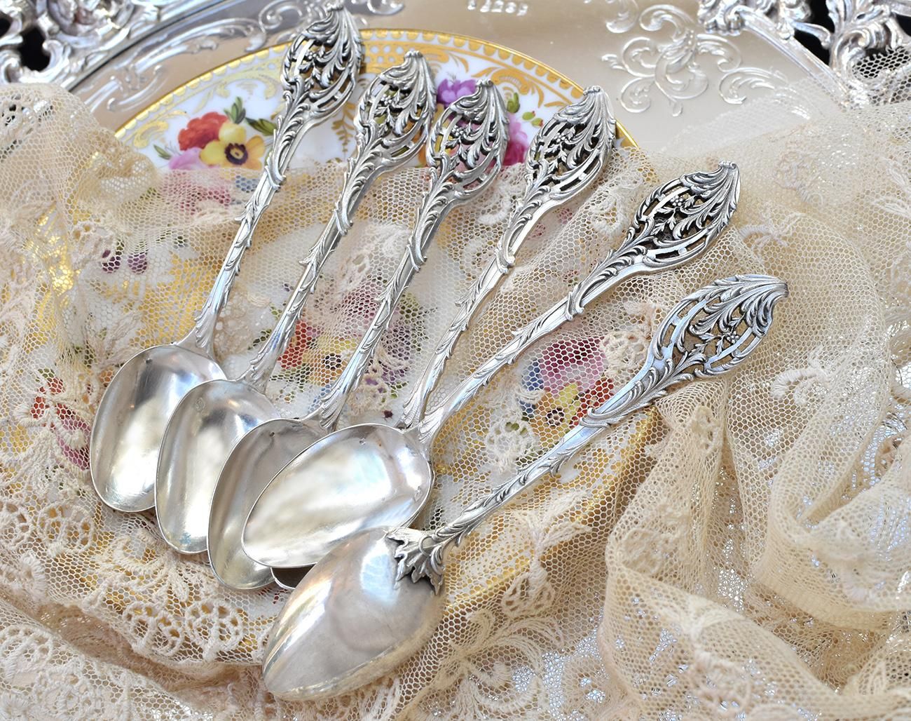 仏アンティーク銀器【銀800以上】透かしハンドルのティースプーン