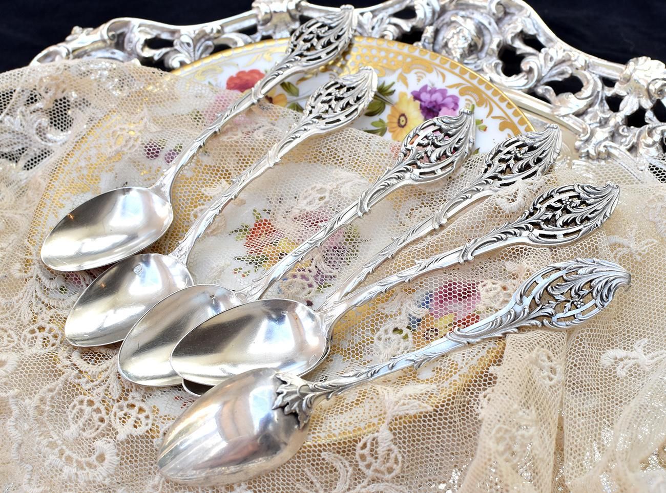 仏アンティーク銀器【銀800以上】透かしハンドルのティースプーン