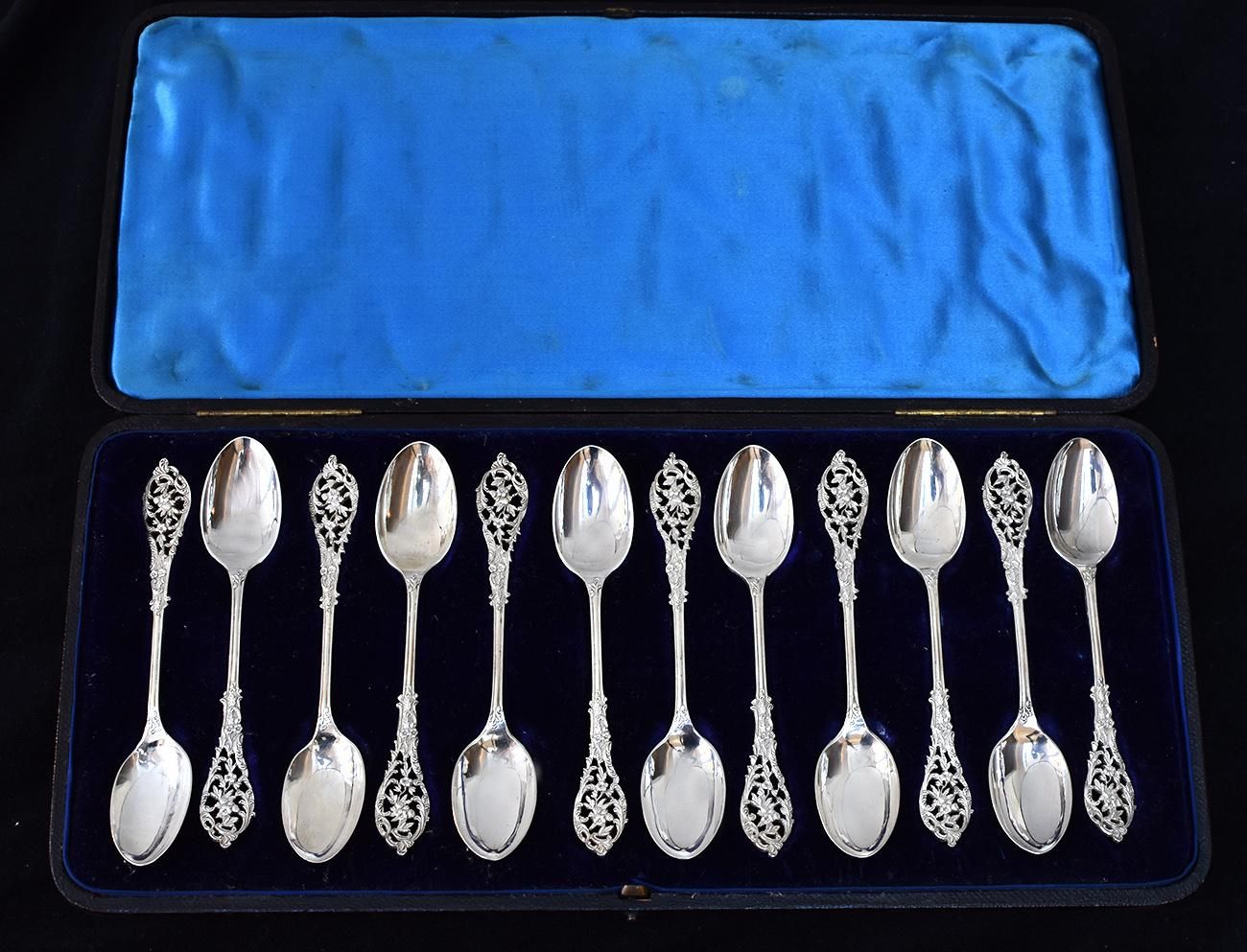 英国アンティークシルバー【純銀】1898年 ティースプーン箱入り12本