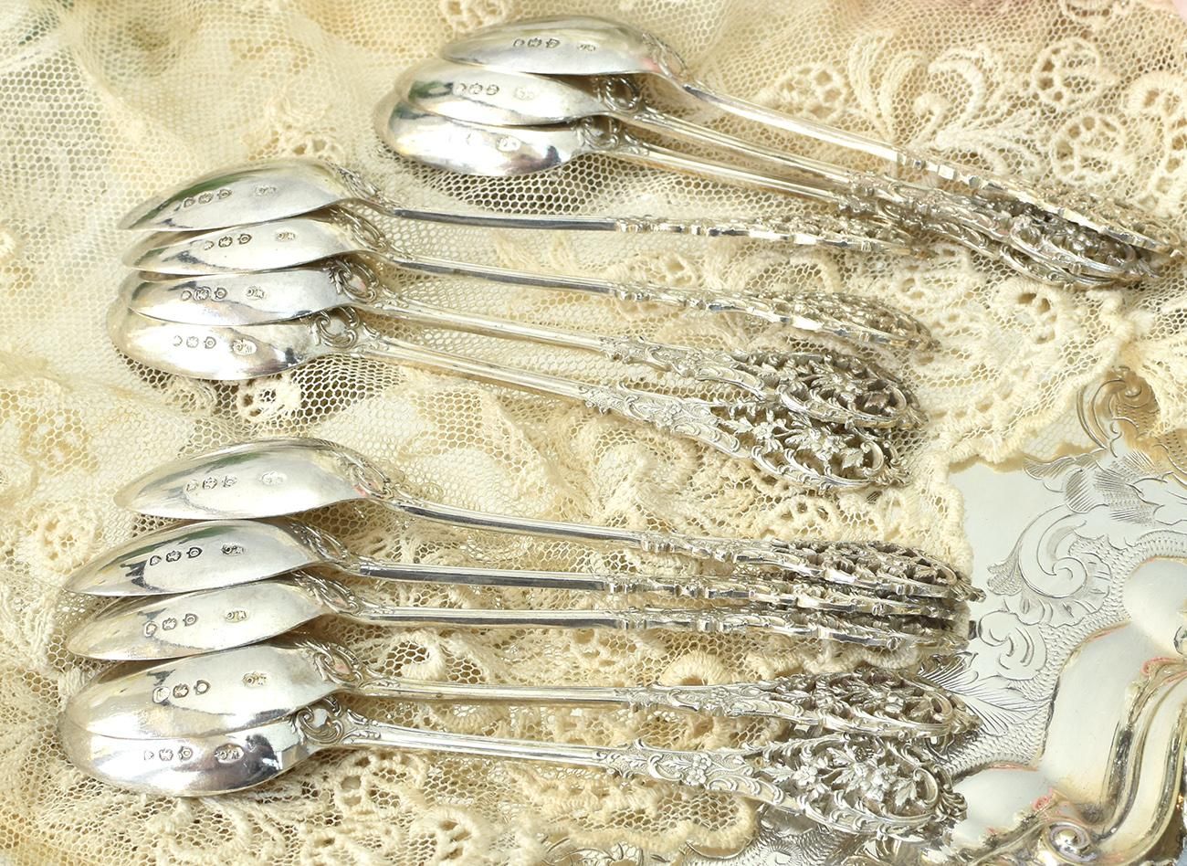 英国アンティークシルバー【純銀】1898年 ティースプーン箱入り12本