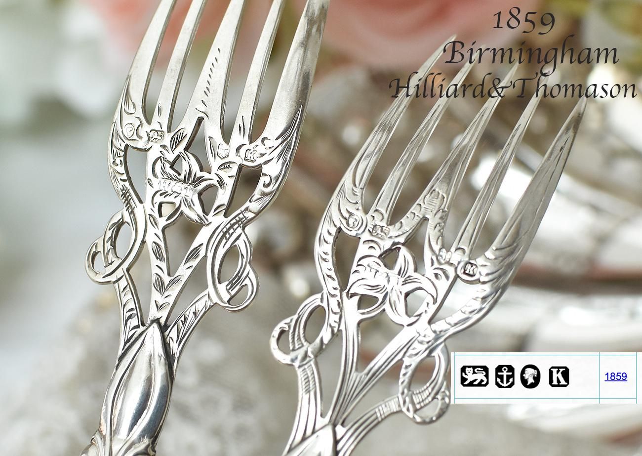 英国アンティーク銀器【純銀】1859年 透かしのフォーク2本セット
