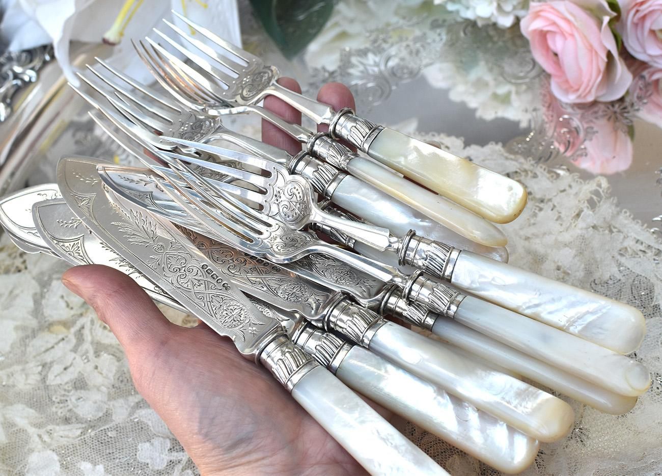 英国アンティーク銀器【純銀】1888年 白蝶貝ハンドルのディナー