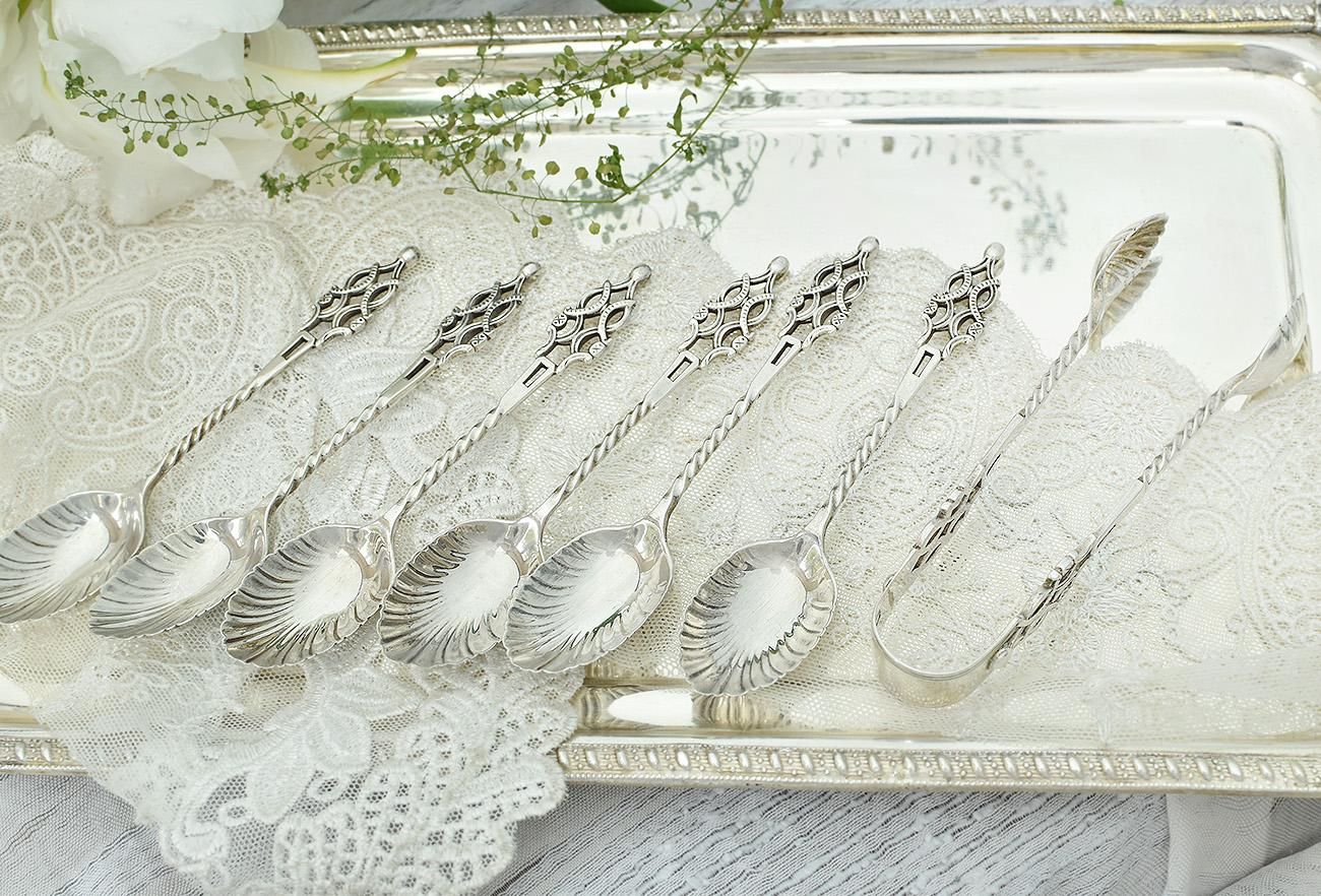 英国アンティーク銀器【純銀】1897年 ティースプーン6本＋トングセット