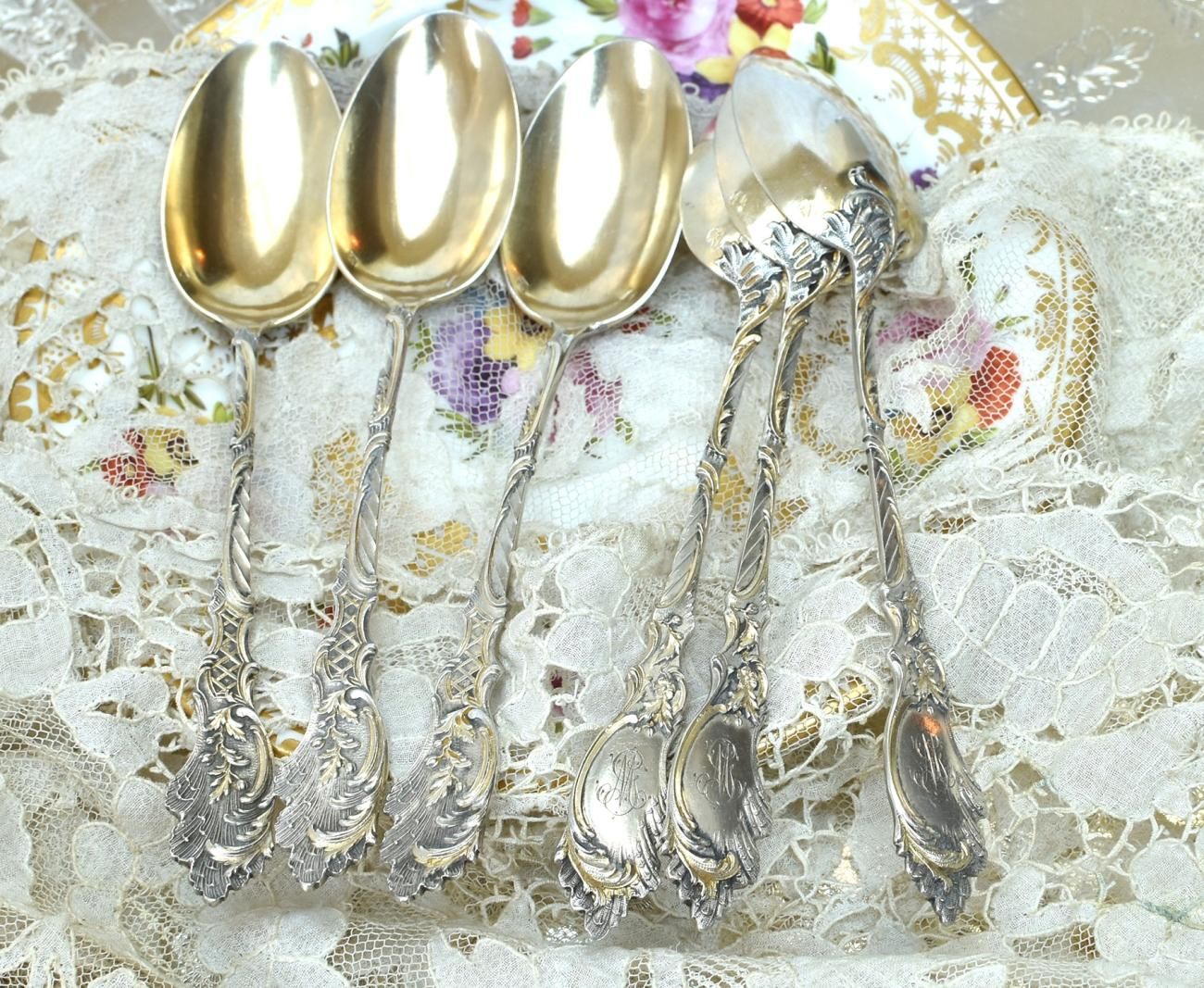 仏アンティーク銀器【純銀】ティースプーン2本 V.Bolvin - Edwardian