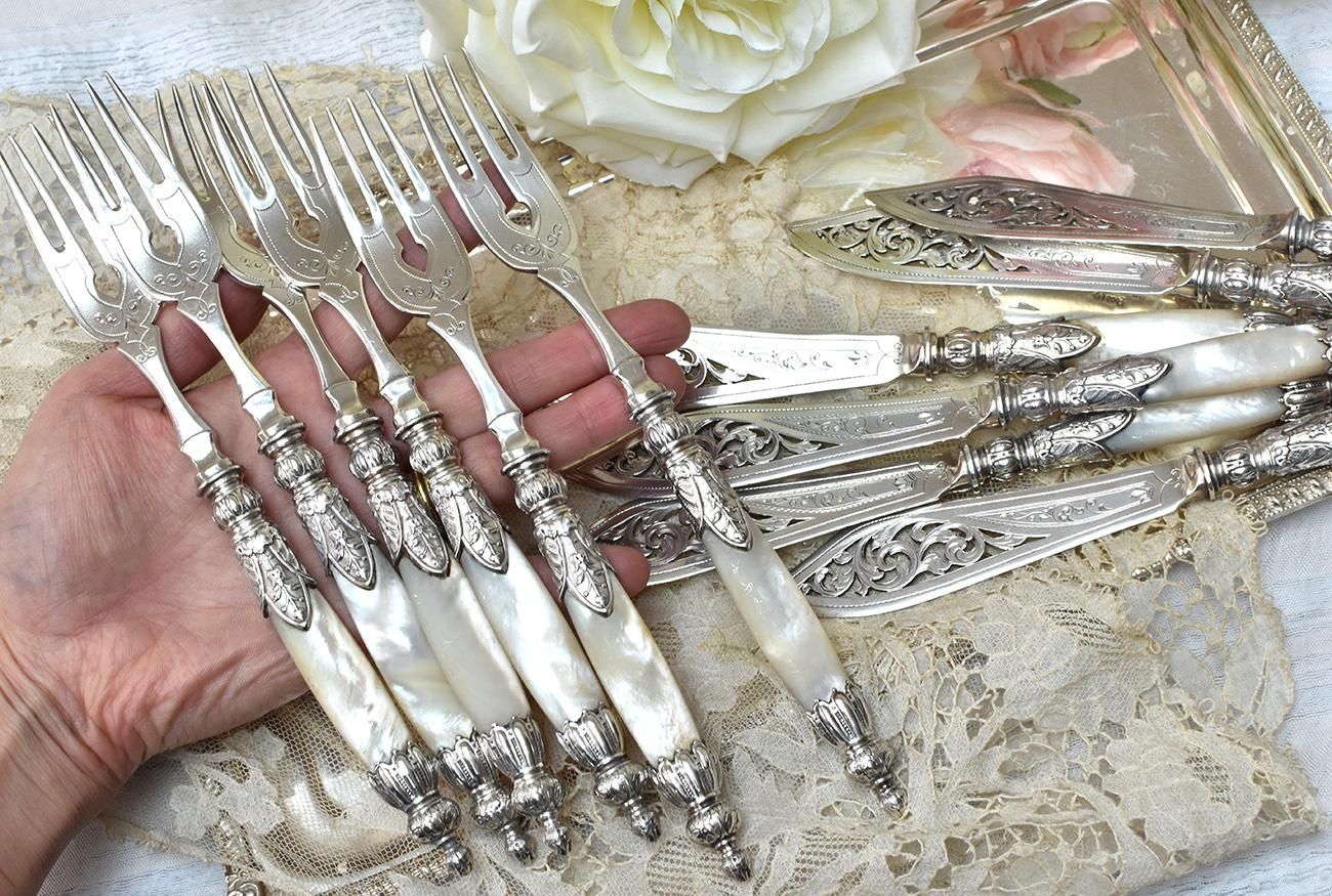 Germanアンティーク銀器【純銀】白蝶貝ハンドル 透かしのカトラリー