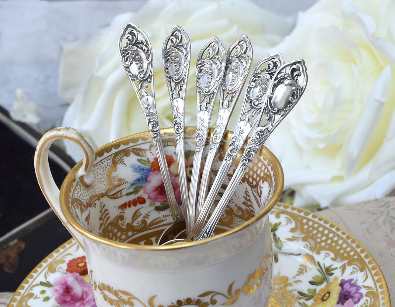 仏アンティーク銀器【銀950】透かしのティースプーンセット 12.1cm