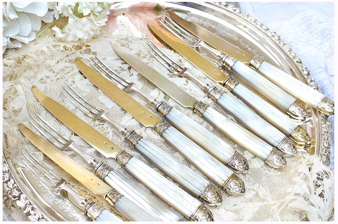 フレンチアンティークシルバー 白蝶貝のデザートフォーク&ナイフ