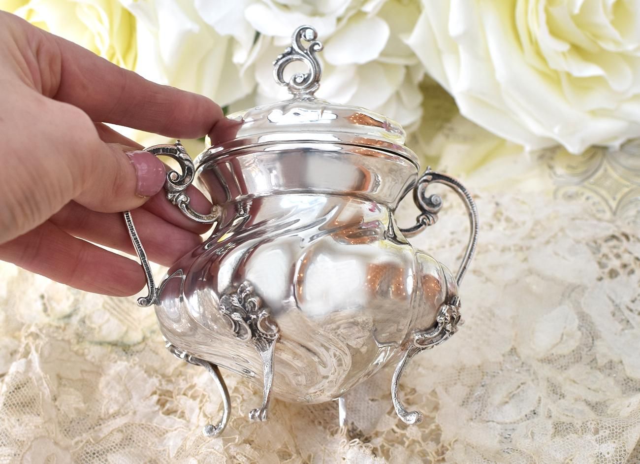 アンティーク銀器【銀800】蓋付きミニシュガーポット 158g - Edwardian