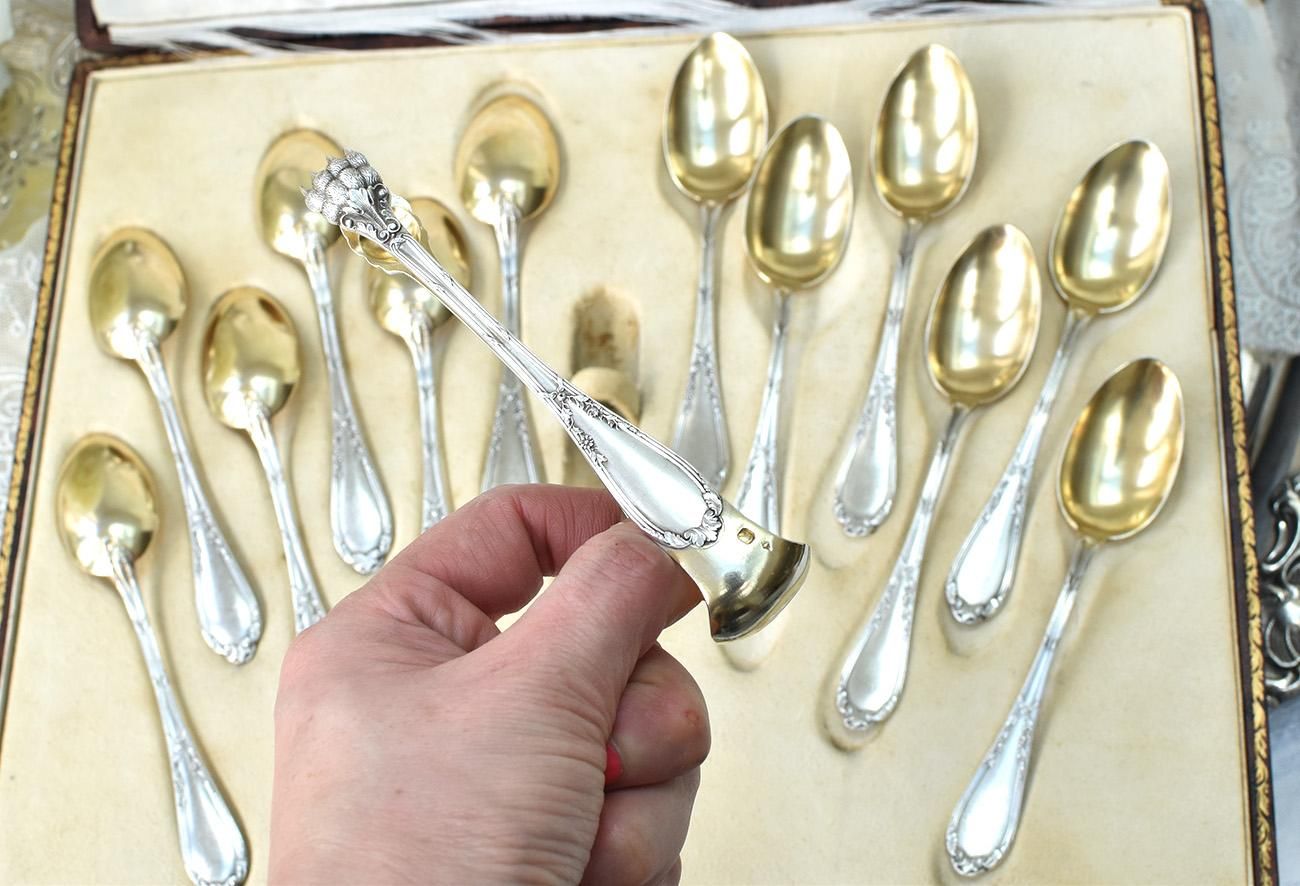 仏アンティーク銀器【銀950（95%）】ティースプーン6本＆シュガー