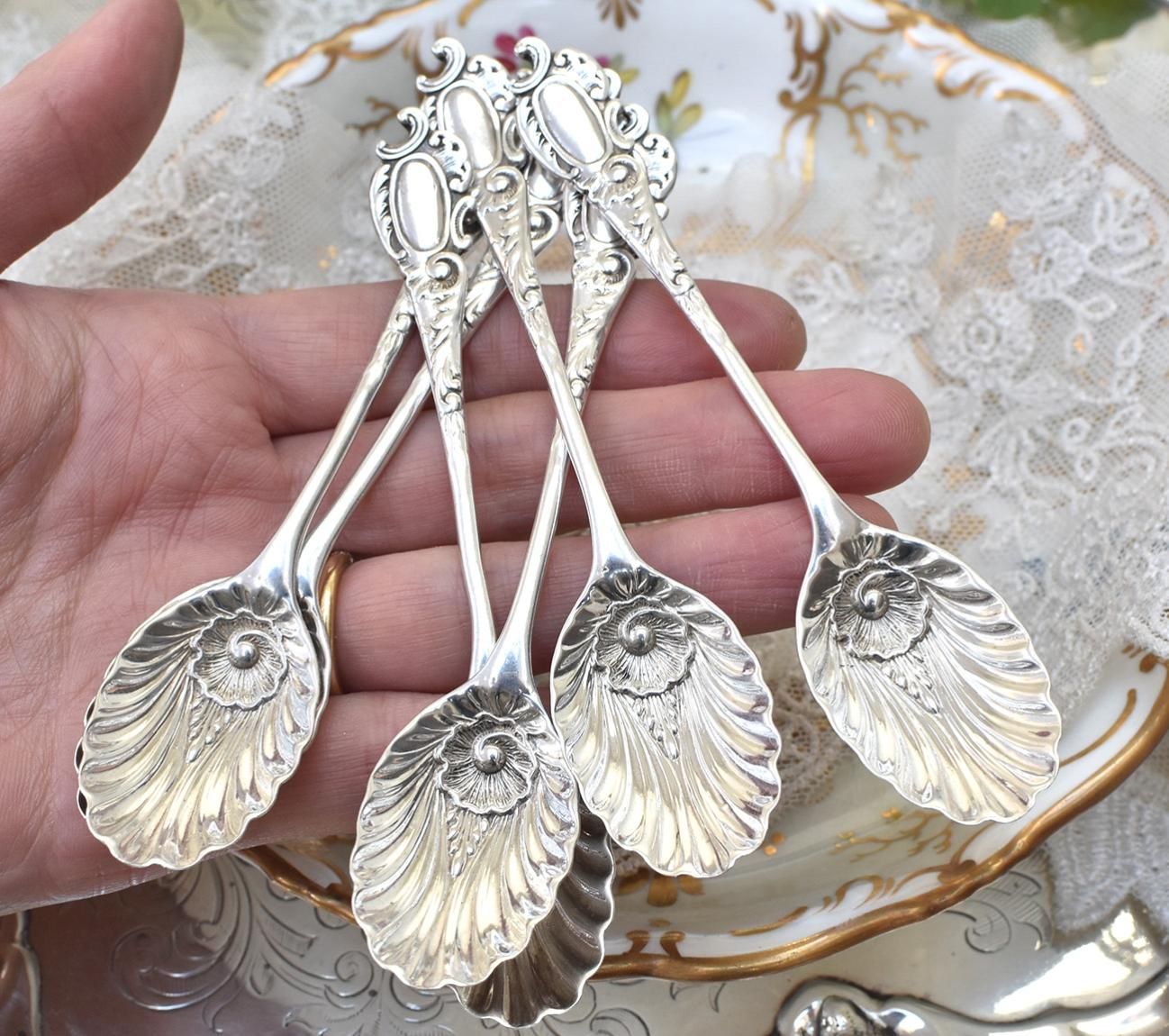 ◇英国アンティーク銀器【純銀】1900年 ティースプーンセット6本