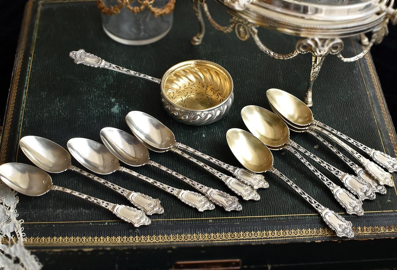 仏アンティーク銀器【銀950】ティーストレーナー&ティースプーン12本