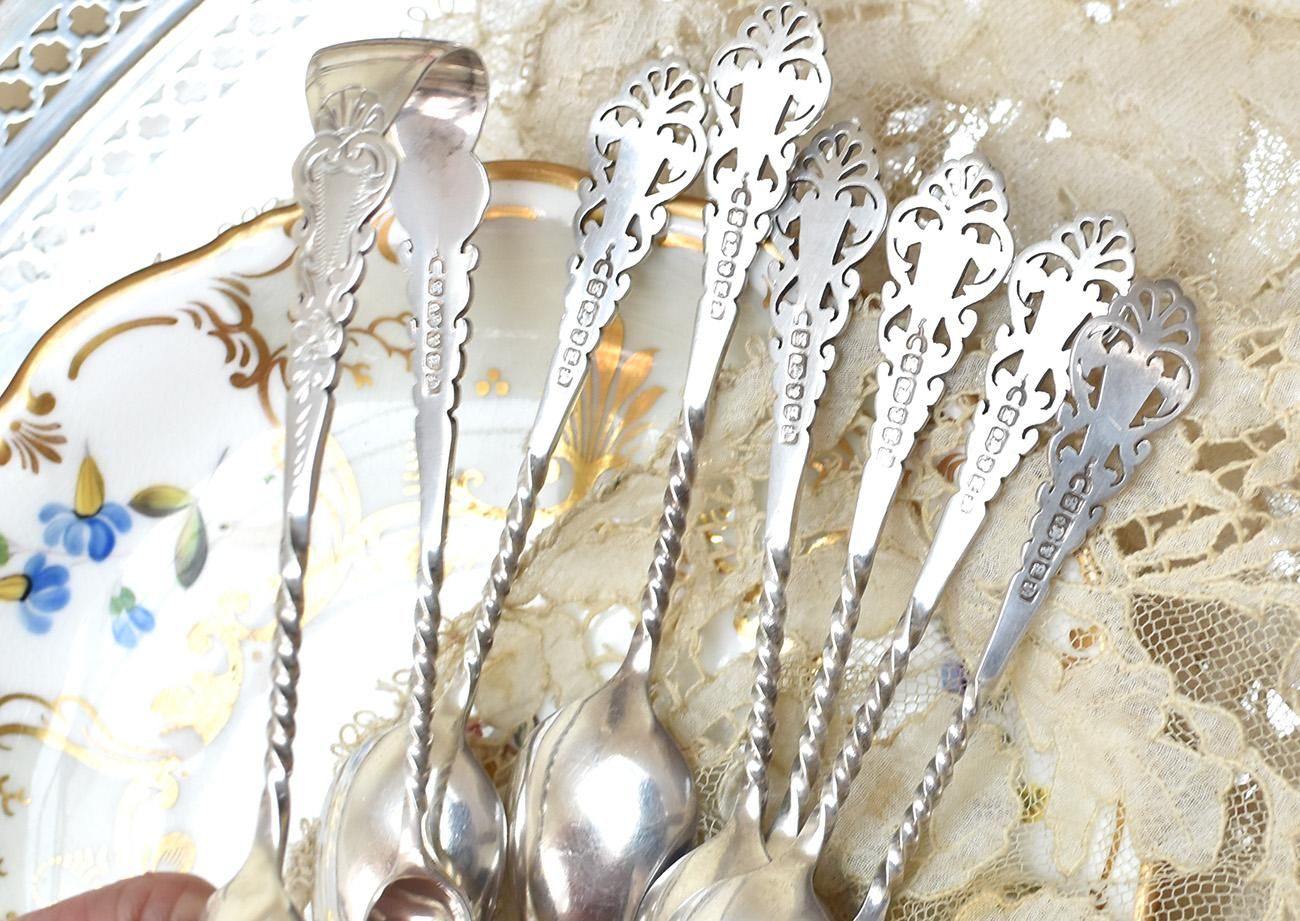 英国アンティーク銀器【シルバープレート】透かしのティースプーン6本