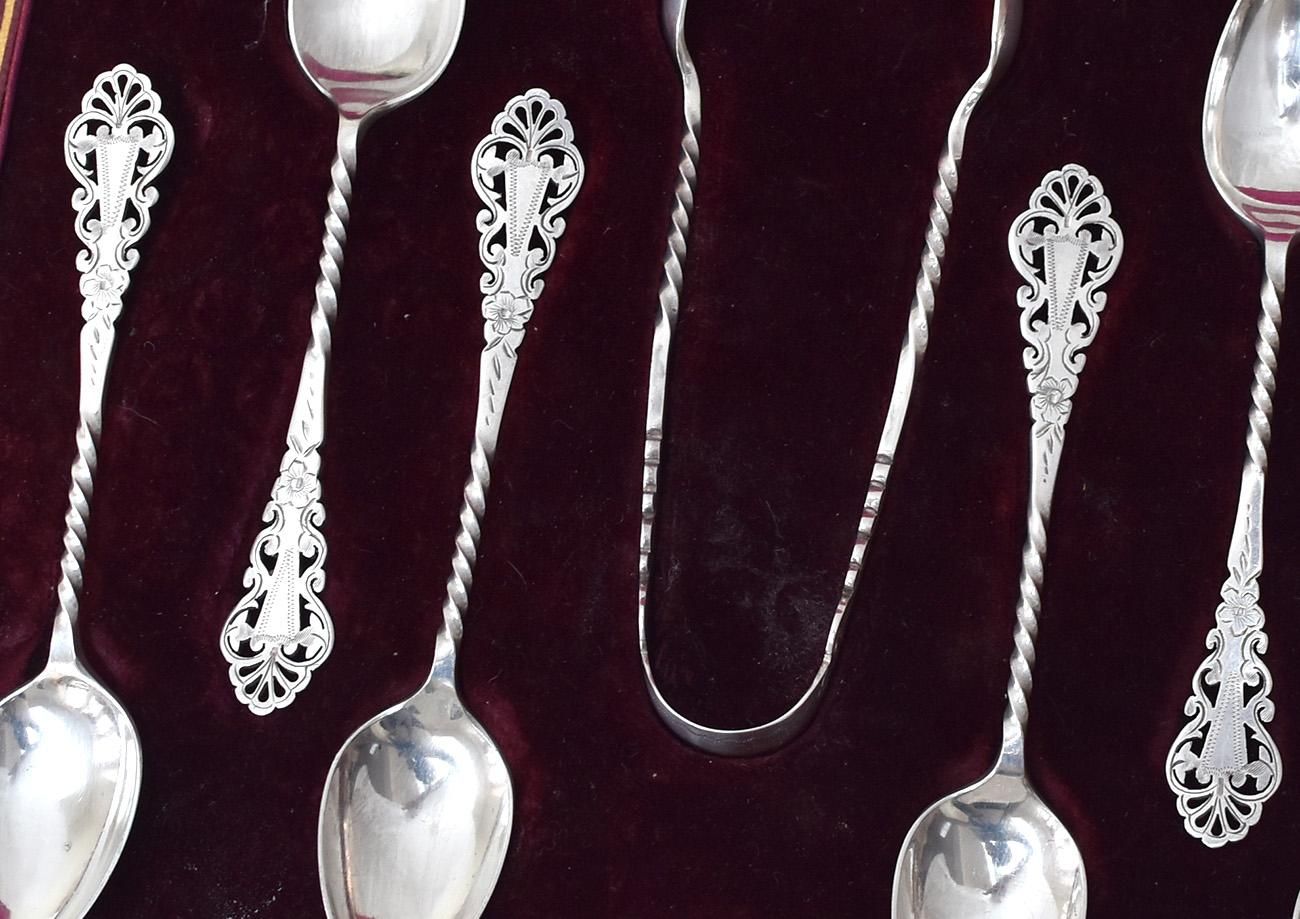 英国アンティーク銀器【シルバープレート】透かしのティースプーン6本