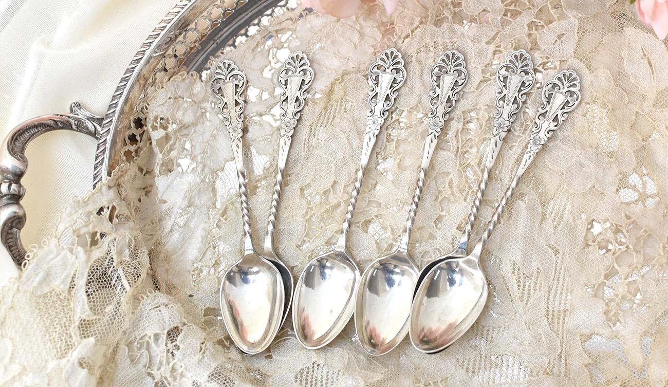 英国アンティーク銀器【シルバープレート】透かしのティースプーン6本