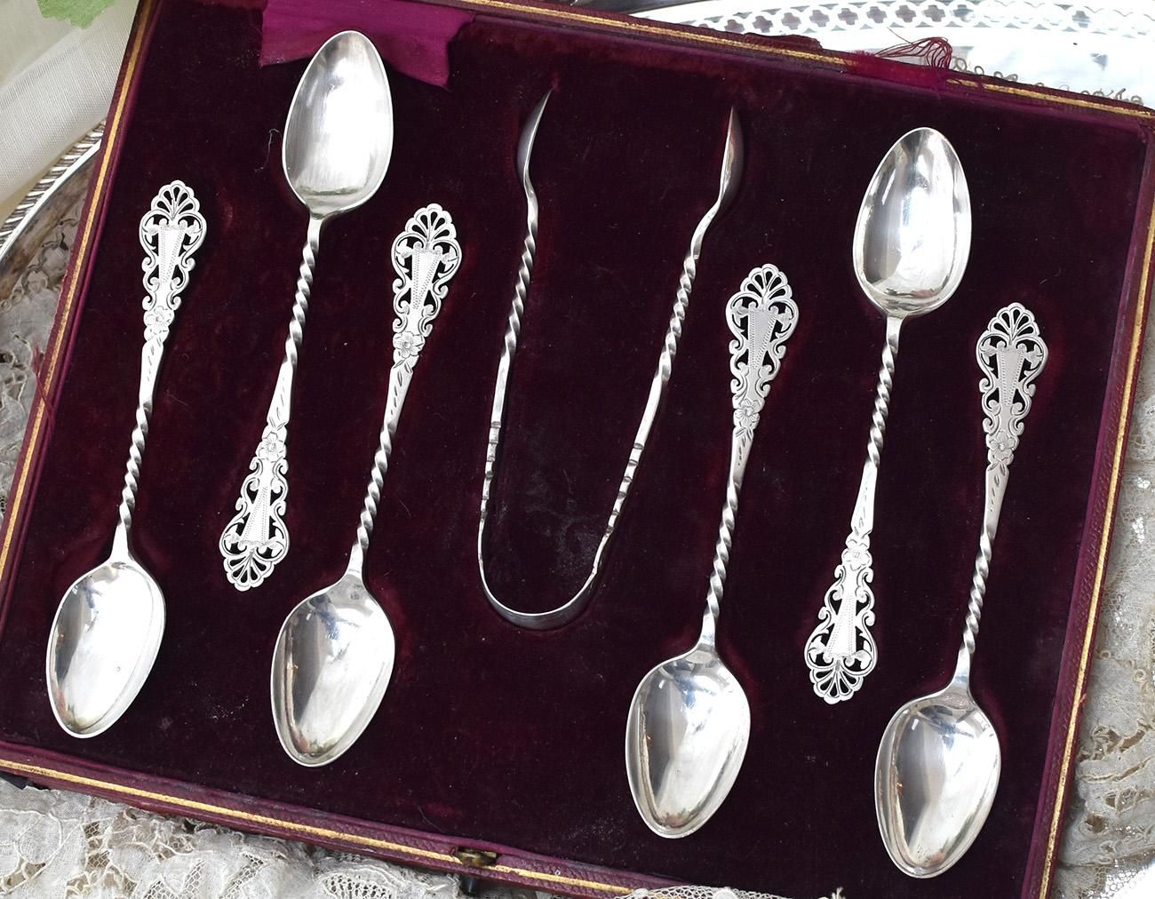 英国アンティーク銀器【シルバープレート】透かしのティースプーン6本