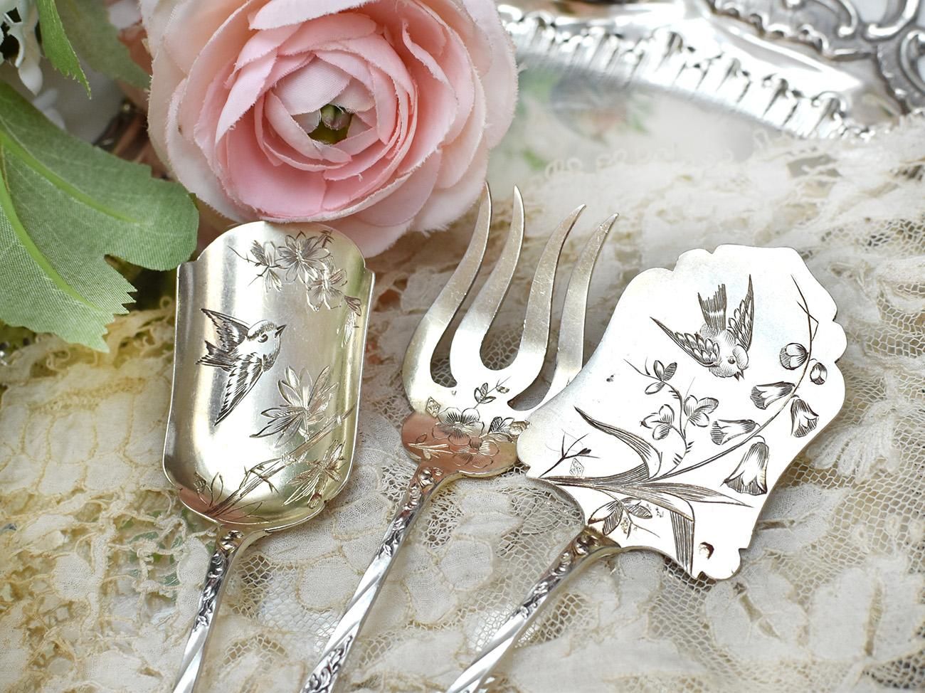 仏アンティークシルバー【銀950】サービングセット 鳥と植物 V.Boivin