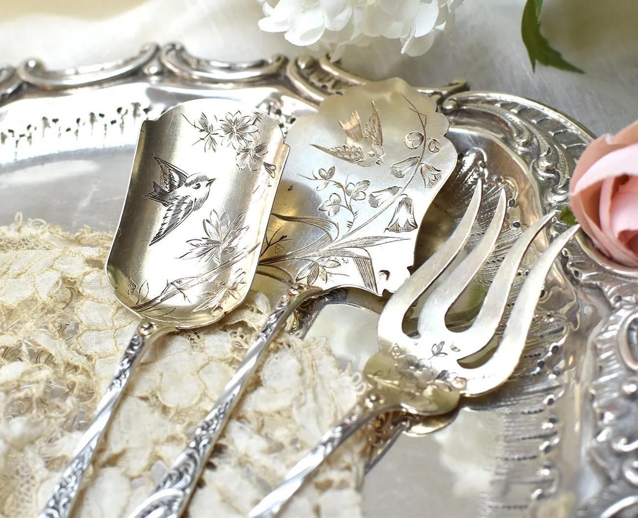 仏アンティークシルバー【銀950】サービングセット 鳥と植物 V.Boivin