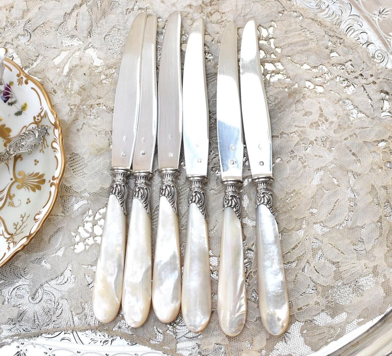 仏アンティーク銀器【銀950】白蝶貝ハンドルのデザートナイフ6本セット
