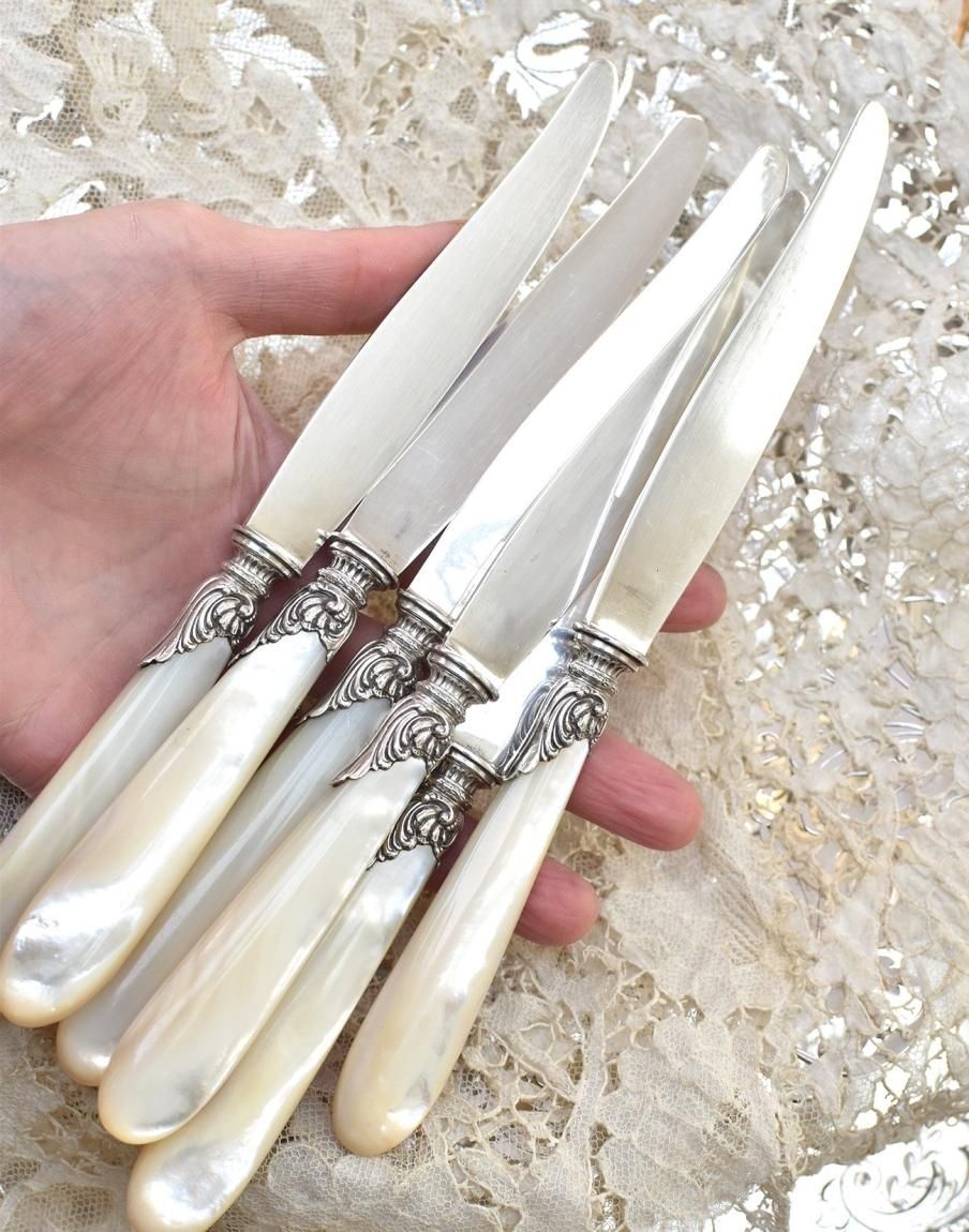 仏アンティーク銀器【銀950】白蝶貝ハンドルのデザートナイフ6本セット