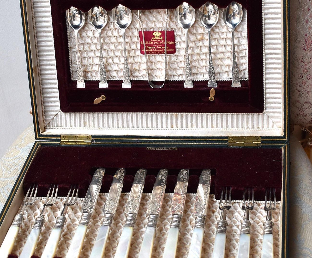 英国アンティーク銀器【純銀】白蝶貝カトラリー6組＆ティースプーン